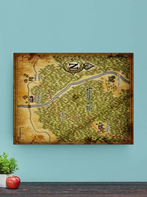 Hand-drawn forest valley with cabins and roads