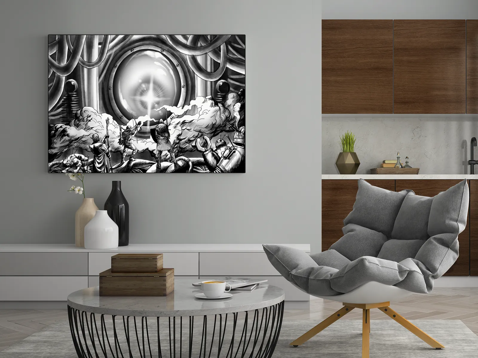 Warriors raise blades in smoky hall