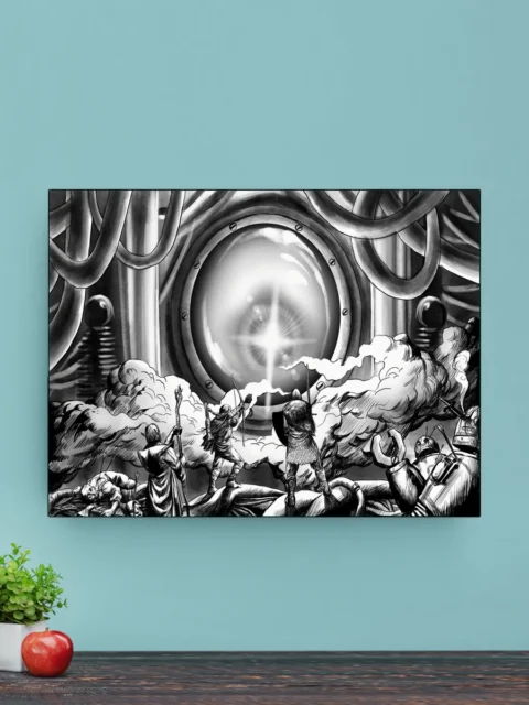 Giant circular lens blazing above crowd