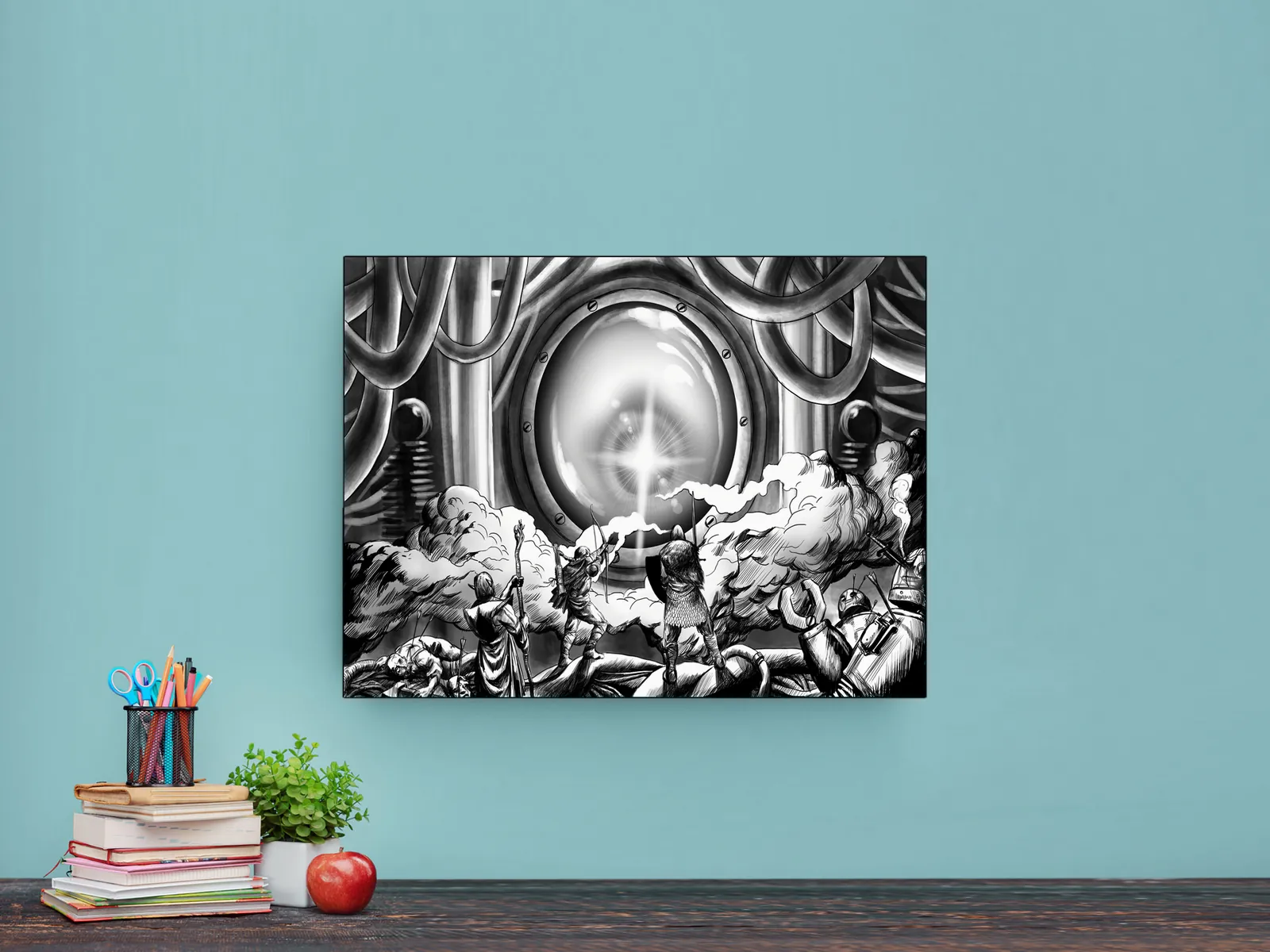 Giant circular lens blazing above crowd