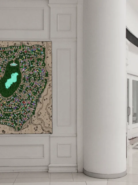 Illustrated circular city with central lake