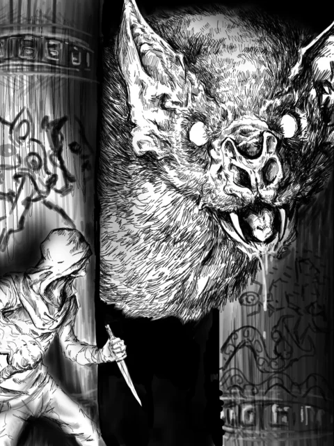 Giant bat looming over a lone figure in a stone chamber