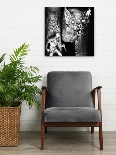 Close view of a giant bat monster wall art scene