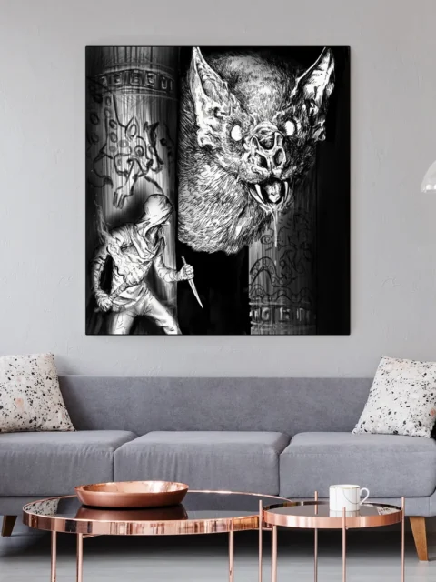Dark illustration showing a giant bat monster wall art encounter