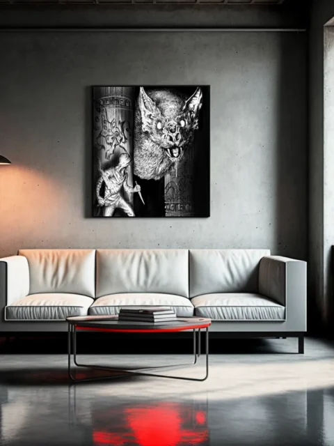 Ink-style drawing of a bat creature attacking