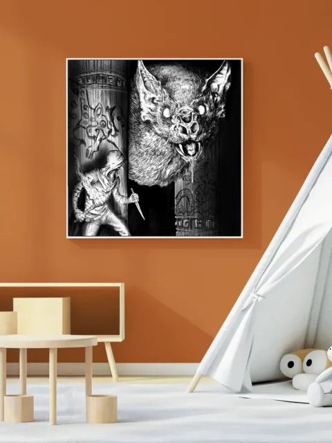 Shadowed cavern with a massive bat emerging