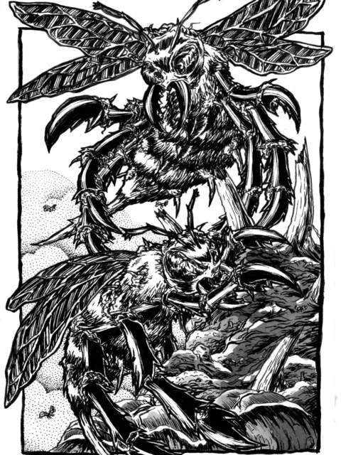 Attack of the Giant Wasps fantasy canvas artwork with towering insects