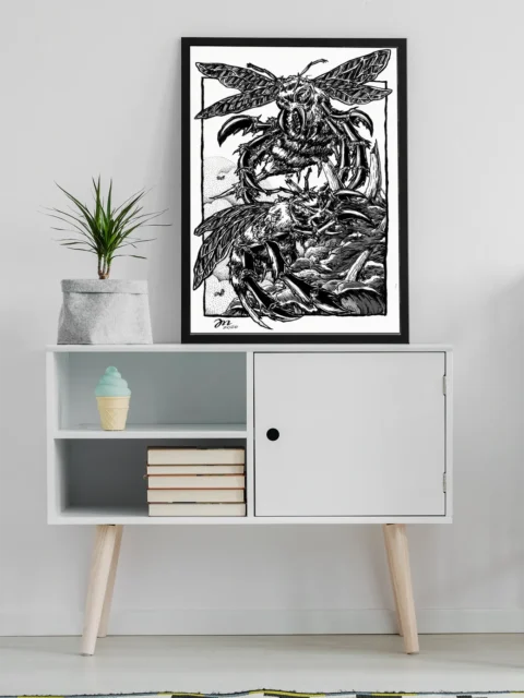Attack of the Giant Wasps fantasy canvas artwork in stark black and white