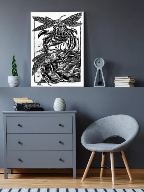 Ink illustration of massive insects in violent motion