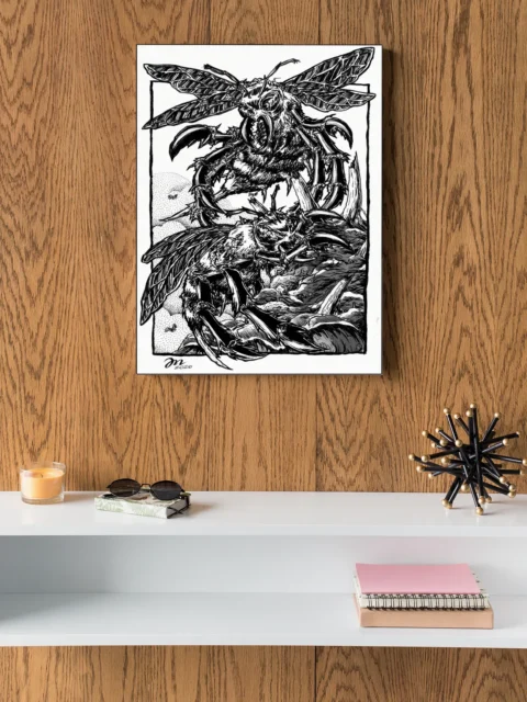 High-contrast drawing of monstrous flying creatures