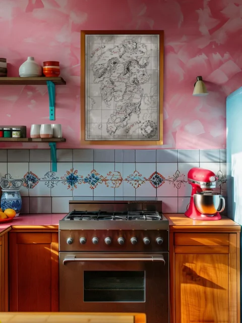 Illustrated world map with mountains and seas