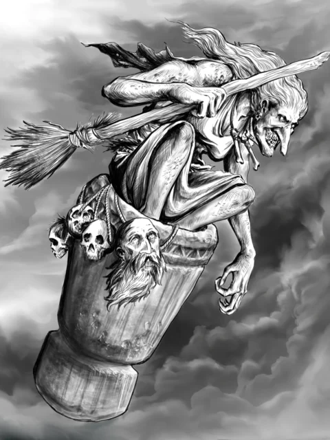 BabaYaga dark folklore canvas art with a fierce airborne rider