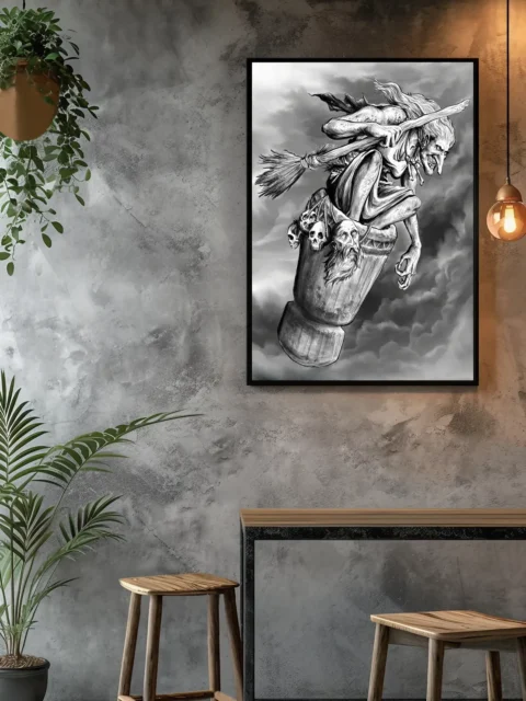 BabaYaga dark folklore canvas art featuring bone trophies and motion