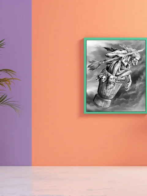BabaYaga dark folklore canvas art in dramatic monochrome contrast