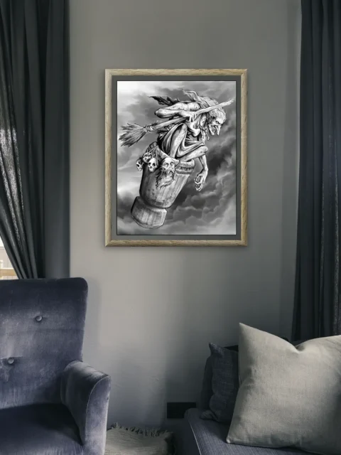 Grinning rider in clouds with broom and talons