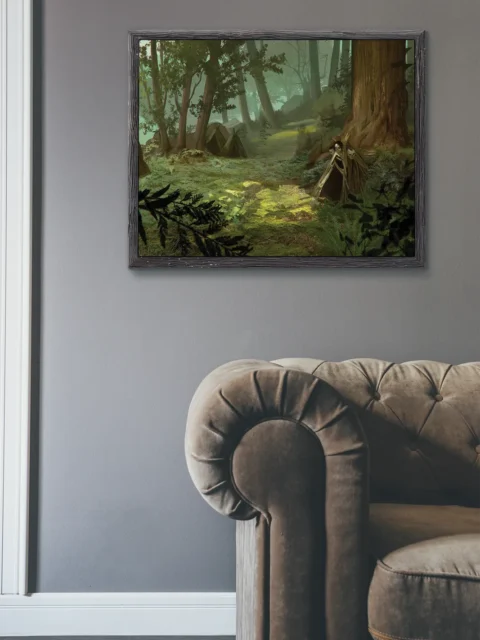 Dark woodland scene with makeshift shelters and bones