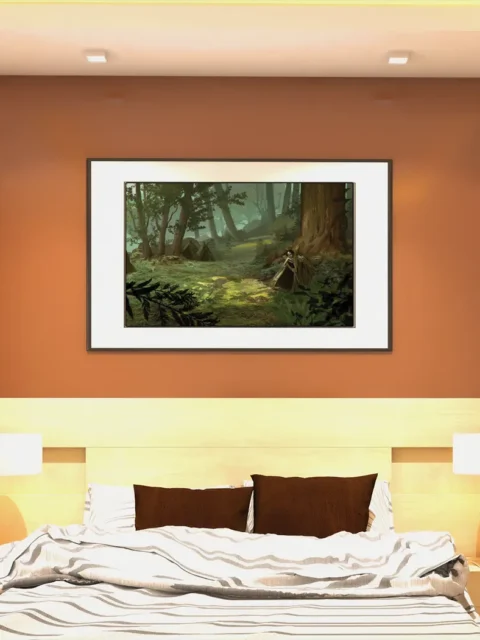 Illustrated monster habitat concealed among ancient trees