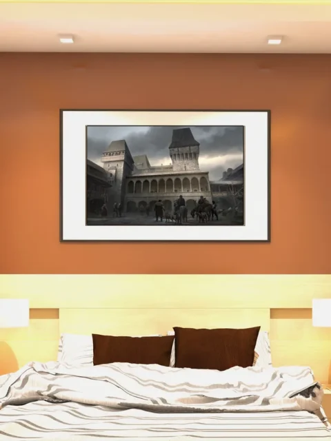 Medieval stone fortress with people and horses