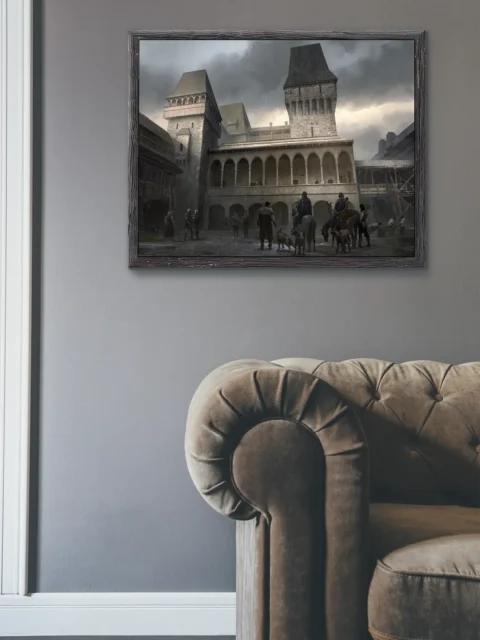 Rain-soaked castle courtyard and vaulted walkways