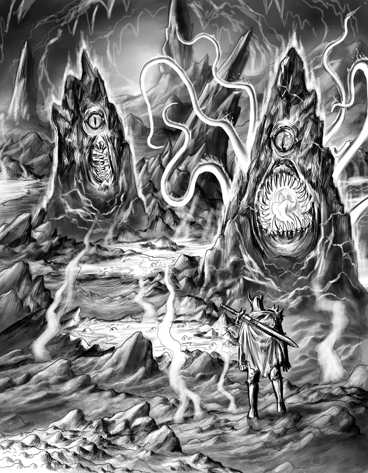 Cinder Ropers fine art canvas with towering volcanic monsters