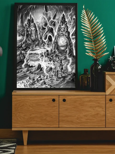 Jagged stone creatures rising from a scorched landscape