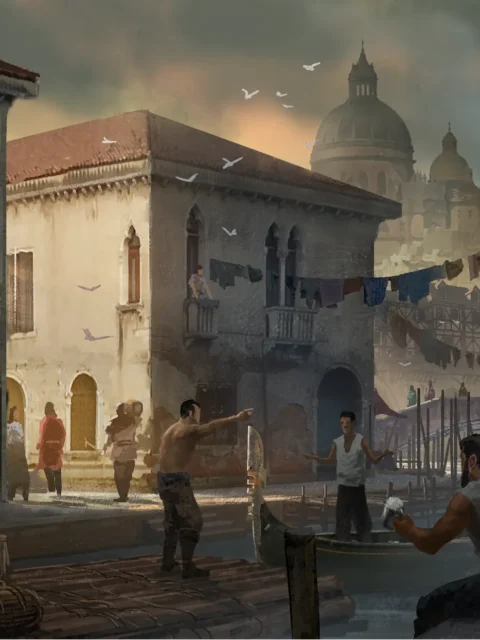 Cities fantasy environment artwork showing canal and buildings