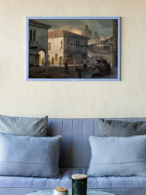 Cities fantasy environment artwork with people and boats