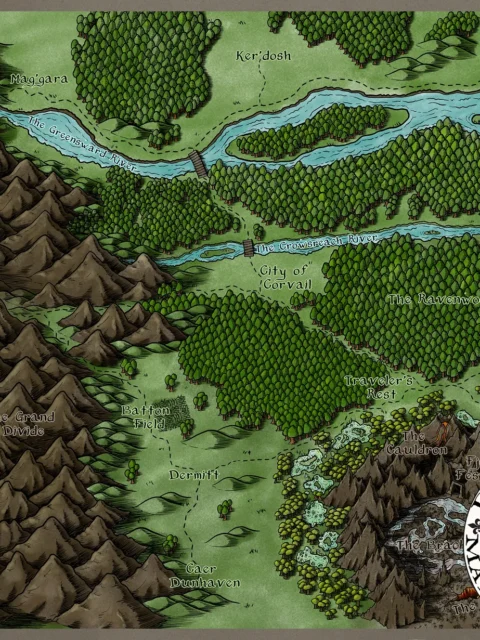 Corvail Map fantasy regional canvas art showing rivers and forests