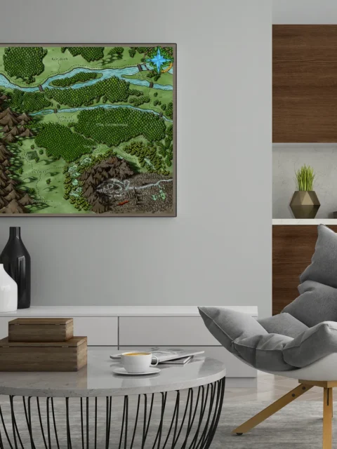 Illustrated regional map with valleys and waterways