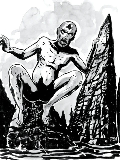 Cultist of the Hell Spider fantasy art print clinging to jagged stone