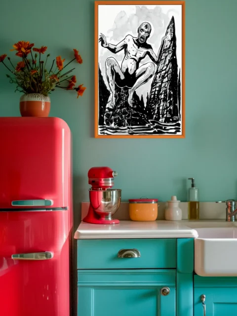 Cultist of the Hell Spider fantasy art print in stark monochrome contrast