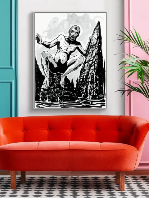 Twisted cult figure poised on a rocky cliff