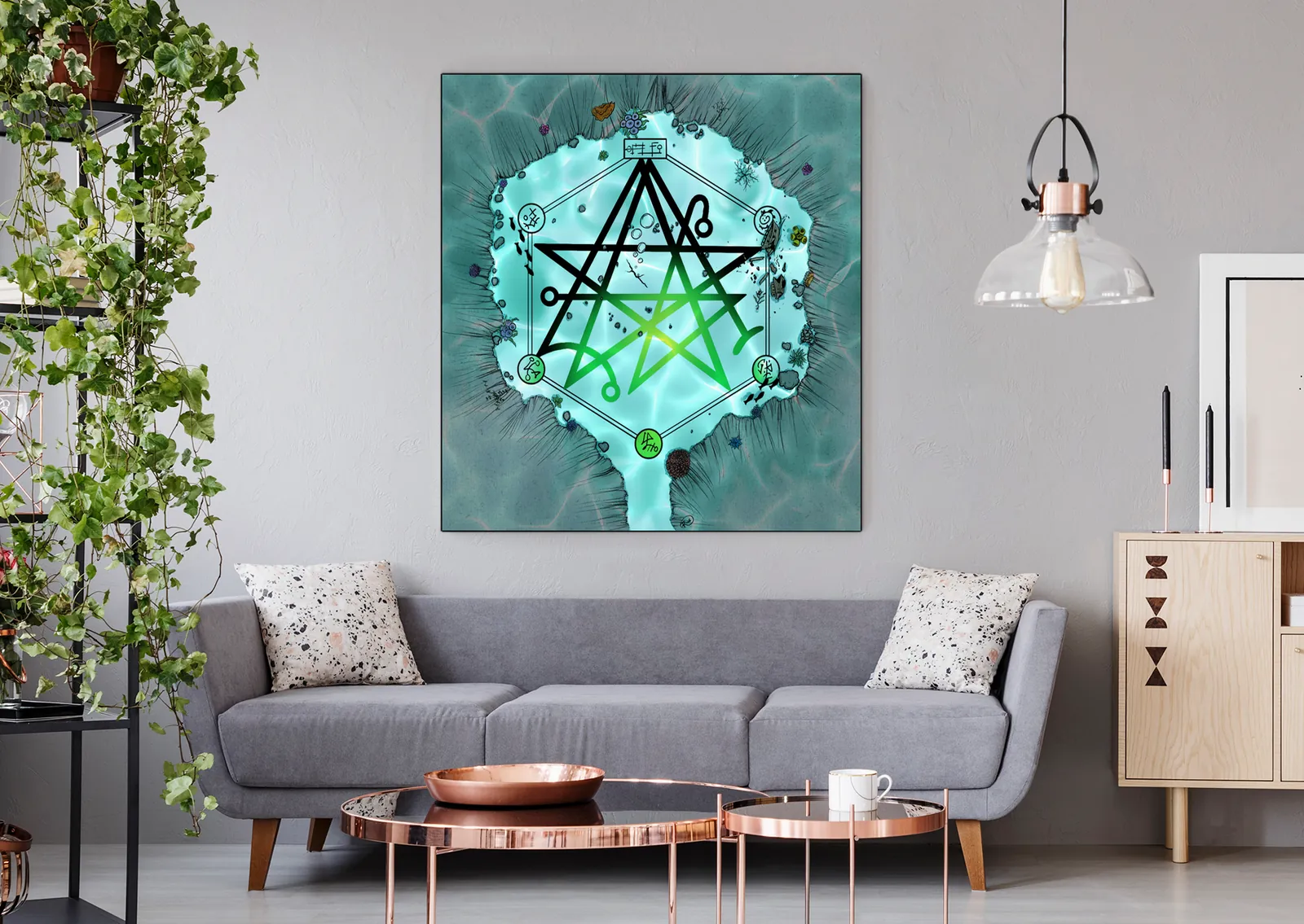 Mystical water basin with intersecting runes