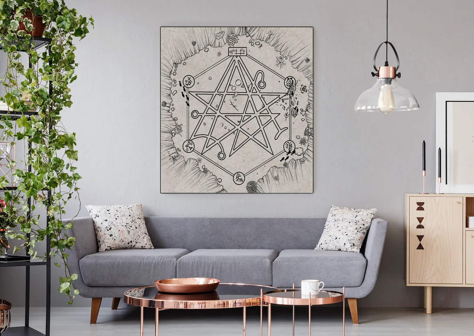 Black line sigils arranged on parchment texture