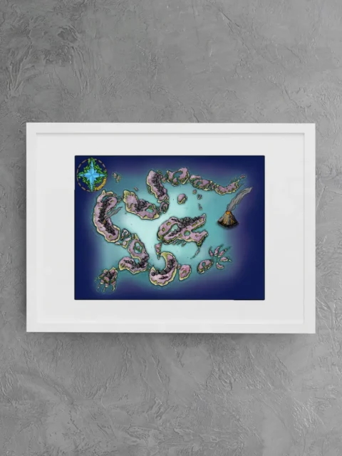 Illustrated mountain ranges across scattered isles