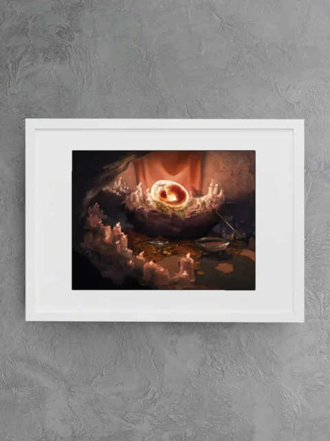 Dark cavern altar with ritual offerings