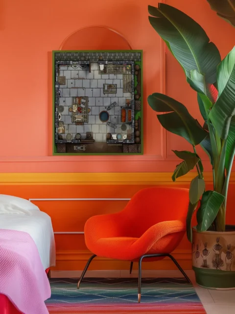 Sunlit stone interior with worktables and tools