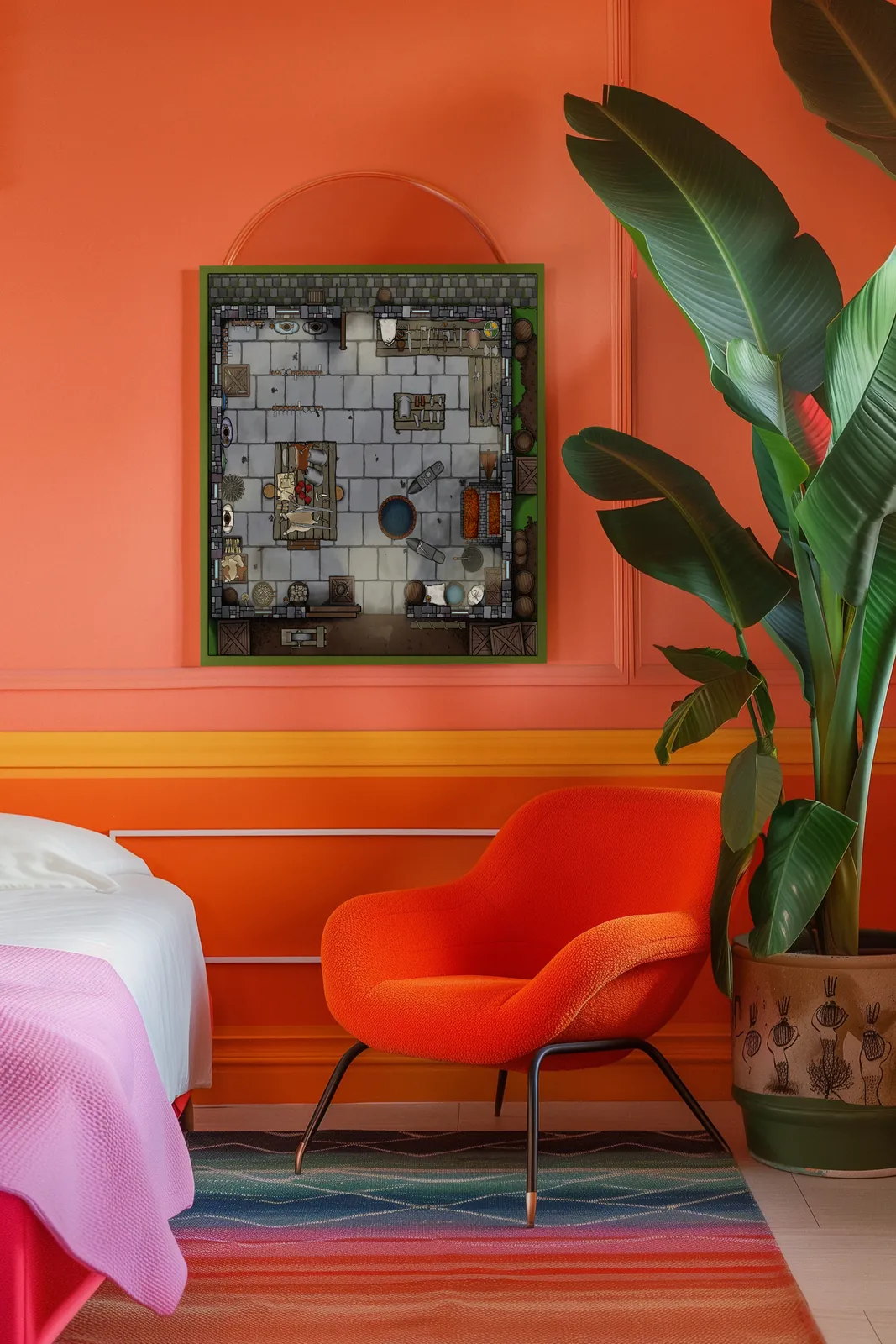 Sunlit stone interior with worktables and tools