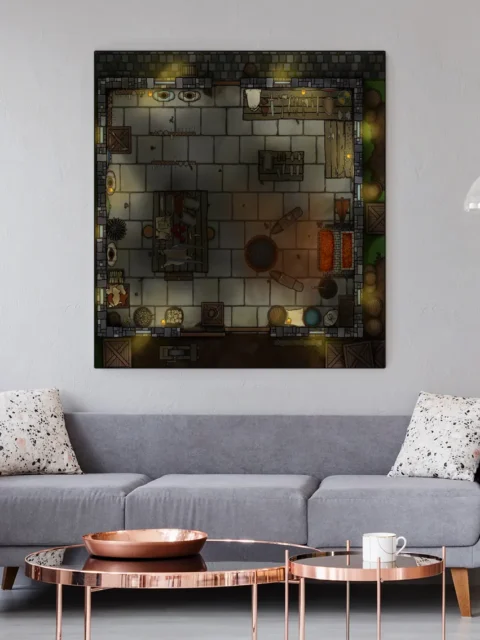 Shadowed forge layout in Dueling Anvils Summer Night Forge Interior Art