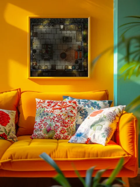 Dimly lit stone room with tools and benches