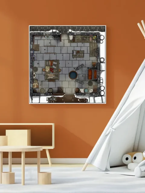 Worktables arranged in Dueling Anvils Winter Day Forge Scene Illustration