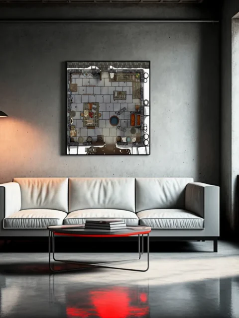 Snow-dusted stone room with benches and tools