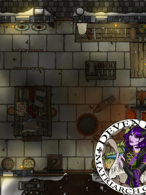 Dueling Anvils Winter Night Forge Interior Art under lamplight