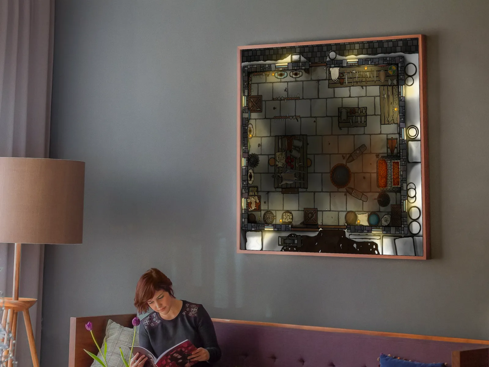 Stone workshop shown in Dueling Anvils Winter Night Forge Interior Art