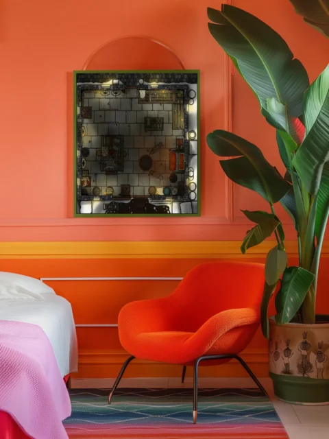 Snow-touched stone room with warm firelight