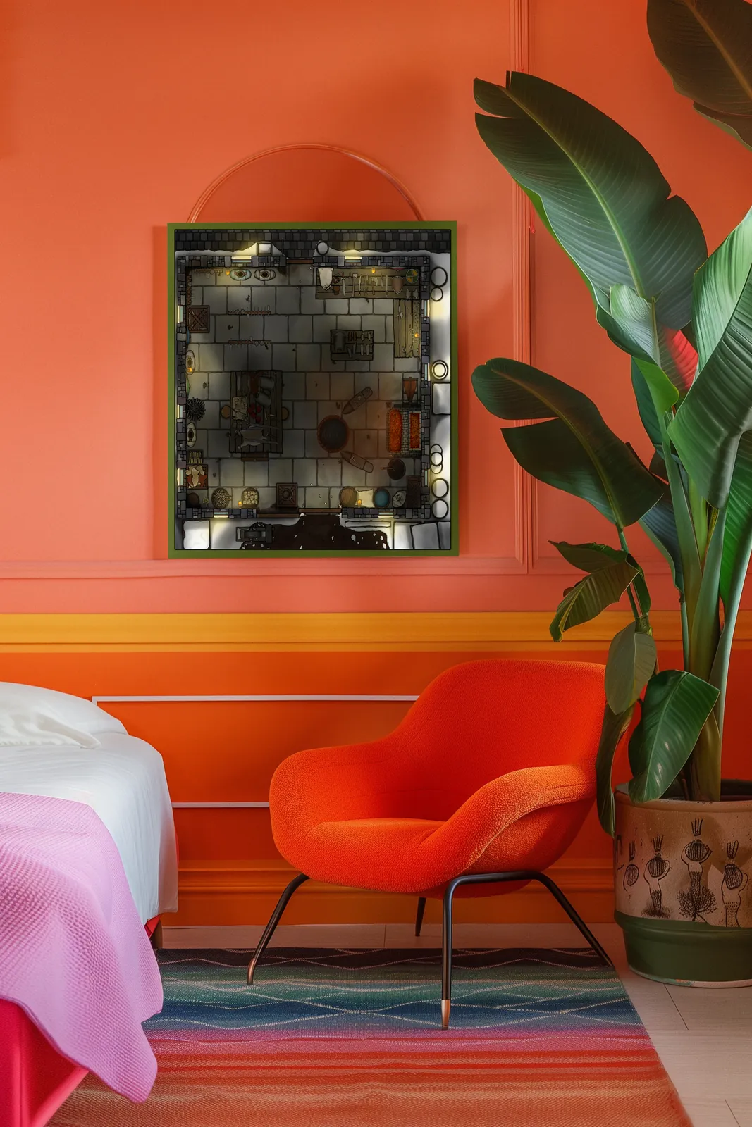 Snow-touched stone room with warm firelight