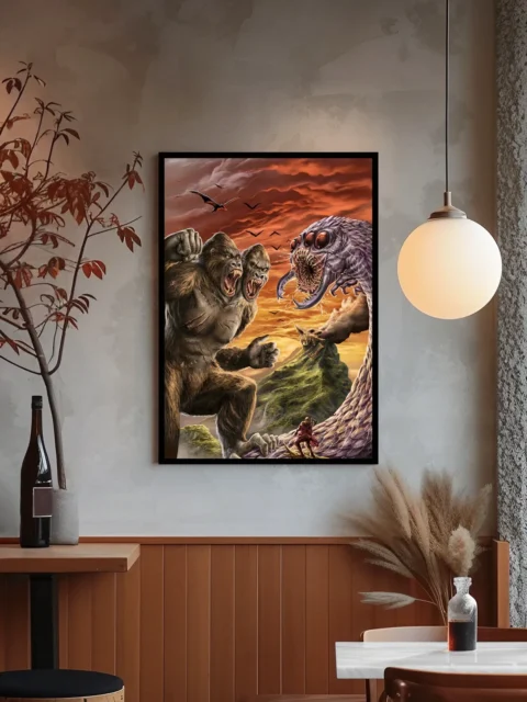 Colossal beasts clashing beneath a fiery sky