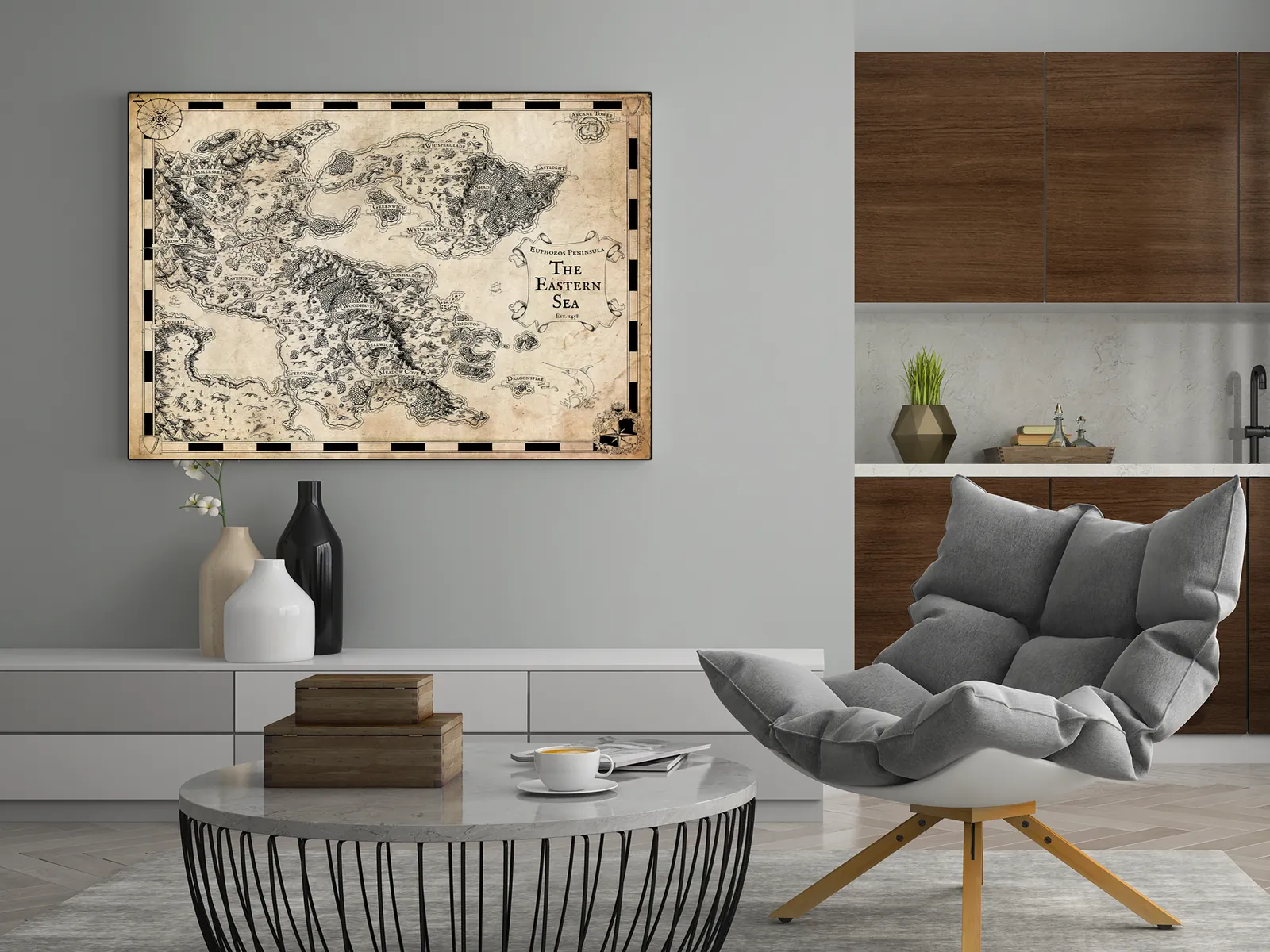 Coastlines and settlements on Euphoros parchment regional canvas map