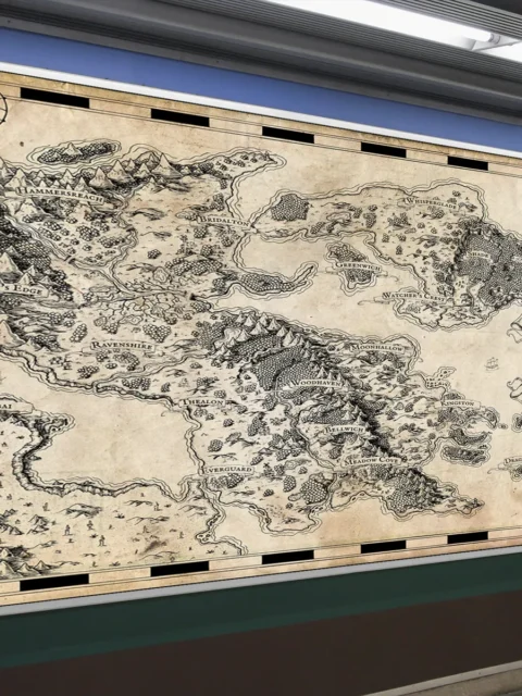 Fantasy world map illustrated on parchment-style canvas