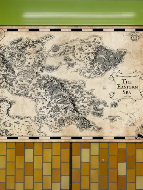 Peninsulas and inland regions on a parchment canvas map